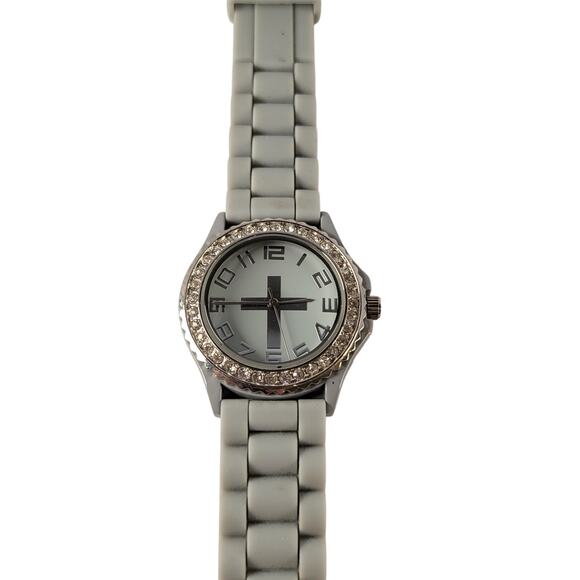 Silver Cross Watch with Rhinestone Bezel and Gray Silicone Strap Religious - Picture 15 of 15